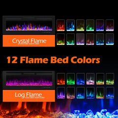 Ultra-Thin Wall Fireplace Heater W/Timer Adjustable Flame Color and Brightness, Log Set & Crystal Options