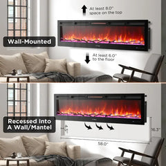 2024 TURBRO 72” Smart WiFi Infrared Electric Fireplace, 1500W Quartz Heater, Recessed or Wall Mounted，Adjustable Flame Effects.