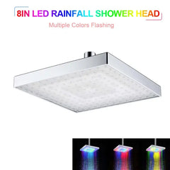 LED Shower Head 8 inch Square Rainfall Showerhead RGB/Multiple Colors Automatic Changing Rain Shower Head Bathroom Accessories