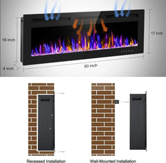 Ultra-Thin Wall Fireplace Heater W/Timer Adjustable Flame Color and Brightness, Log Set & Crystal Options