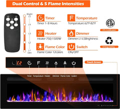 Ultra-Thin Wall Fireplace Heater W/Timer Adjustable Flame Color and Brightness, Log Set & Crystal Options