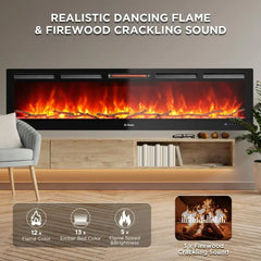 2024 TURBRO 72” Smart WiFi Infrared Electric Fireplace, 1500W Quartz Heater, Recessed or Wall Mounted，Adjustable Flame Effects.