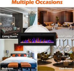 Ultra-Thin Wall Fireplace Heater W/Timer Adjustable Flame Color and Brightness, Log Set & Crystal Options