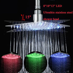 Chrome LED Light Shower Head Stainless Steel 10/12 Inch Square Bathroom Rainfall Hot Cold Water Shower Heads System G1/2