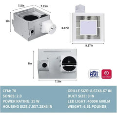 Very-Quiet 70 CFM, 2.0 Sone Bathroom Ventilation and Exhaust Fan With LED light 4000K 600LM(70CFM),Ceiling Mounted Fan