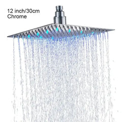 Chrome LED Light Shower Head Stainless Steel 10/12 Inch Square Bathroom Rainfall Hot Cold Water Shower Heads System G1/2