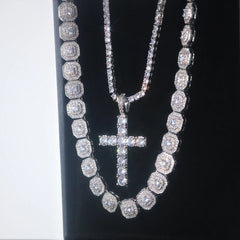 Tennis Chain with Diamond Cross Pendant Bundle