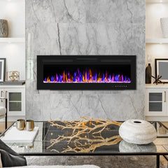 Ultra-Thin Wall Fireplace Heater W/Timer Adjustable Flame Color and Brightness, Log Set & Crystal Options