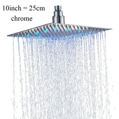 Chrome LED Light Shower Head Stainless Steel 10/12 Inch Square Bathroom Rainfall Hot Cold Water Shower Heads System G1/2