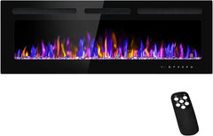 Ultra-Thin Wall Fireplace Heater W/Timer Adjustable Flame Color and Brightness, Log Set & Crystal Options