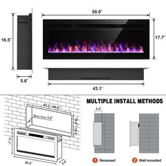 2024 50 Inch Electric Fireplace, Recessed and Wall Mounted Fireplace, with Timer, Remote Control, Adjustable Flame Color.