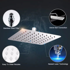 Chrome LED Light Shower Head Stainless Steel 10/12 Inch Square Bathroom Rainfall Hot Cold Water Shower Heads System G1/2