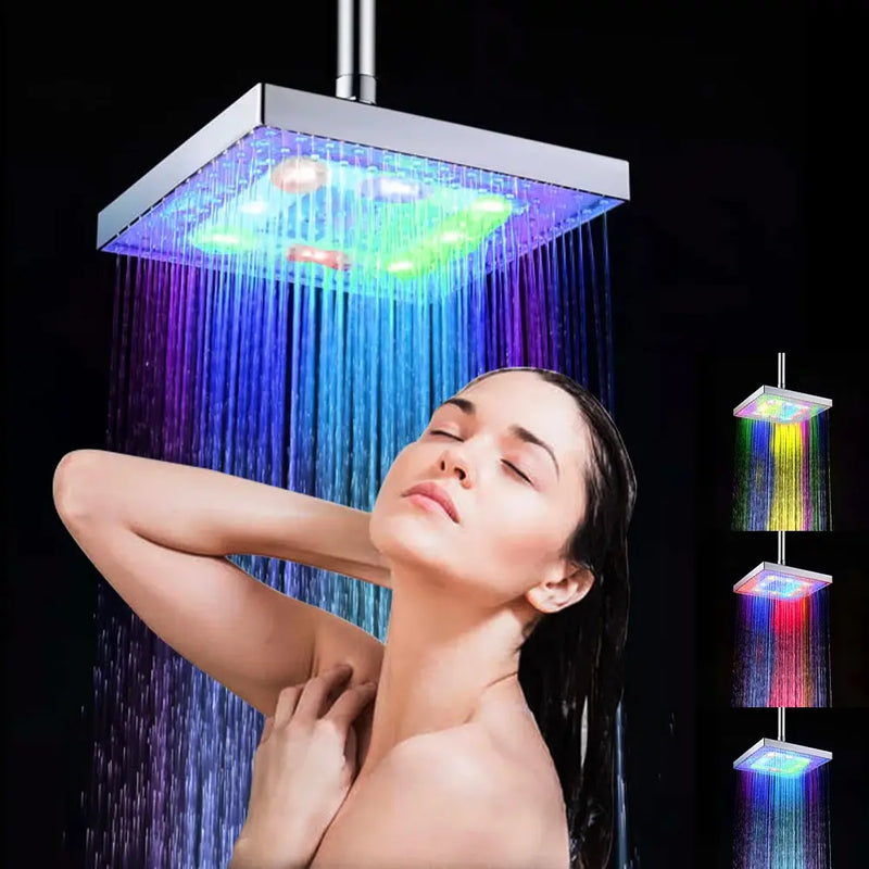 LED Shower Head 8 inch Square Rainfall Showerhead RGB/Multiple Colors Automatic Changing Rain Shower Head Bathroom Accessories